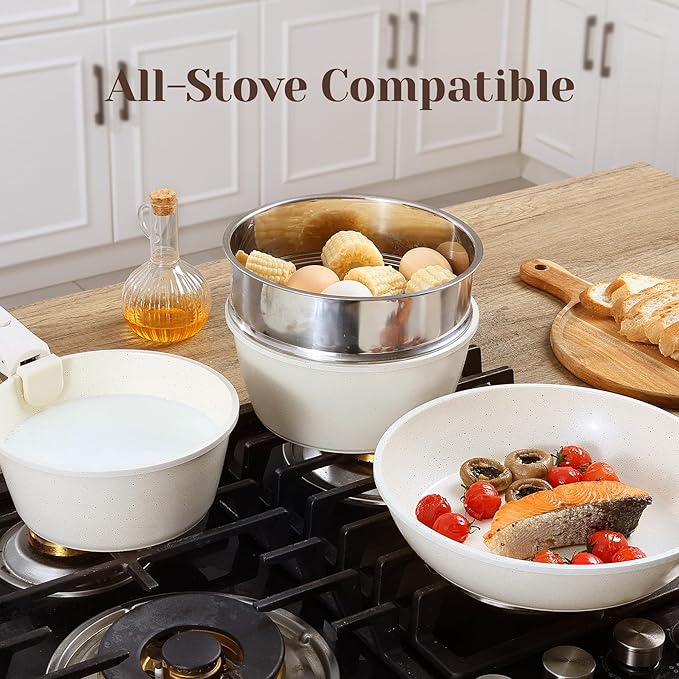 Nonstick Ceramic Cookware Set 21PCS with Detachable Handle, Pans and Pots Set, RV Kitchen Set Cookware Set, with Removable Handles, Oven Safe, Induction Ready, Stackable Non-stick Set