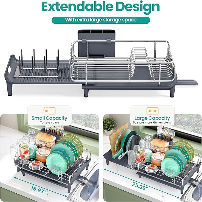 TOOLF Dish Drying Rack - Large Expandable Dish Rack for Kitchen Counter, Stainless Steel Dish Drainer for Kitchen Organization with Cutlery ＆ Cup Holder,Gray