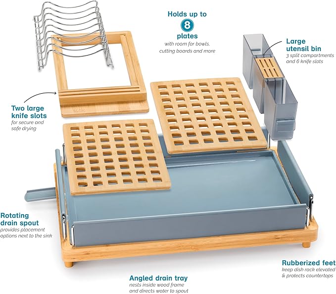 Polder Harmony Dish Rack, Sturdy Dish Drying Rack with 2 Open-Pattern Drain Trays, Dish Racks for Kitchen Counter, Drying Rack for Kitchen Storage, 19.6" x 13.5" x 6.2", Gray