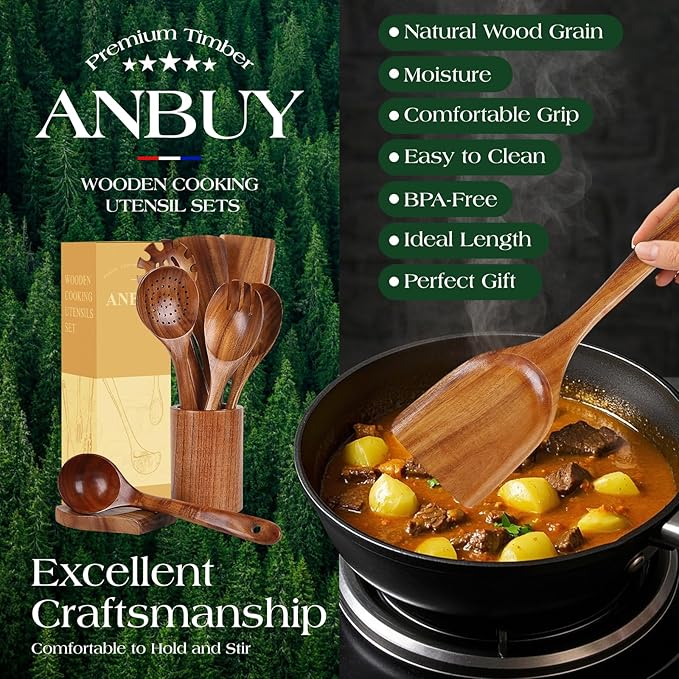 ANBUY Wooden Spoons for Cooking, Natural Teak Cooking Utensils Set, Wooden Kitchen Utensils Set with Holder & Spoon Rest, Wooden Cooking Utensils Set of 9