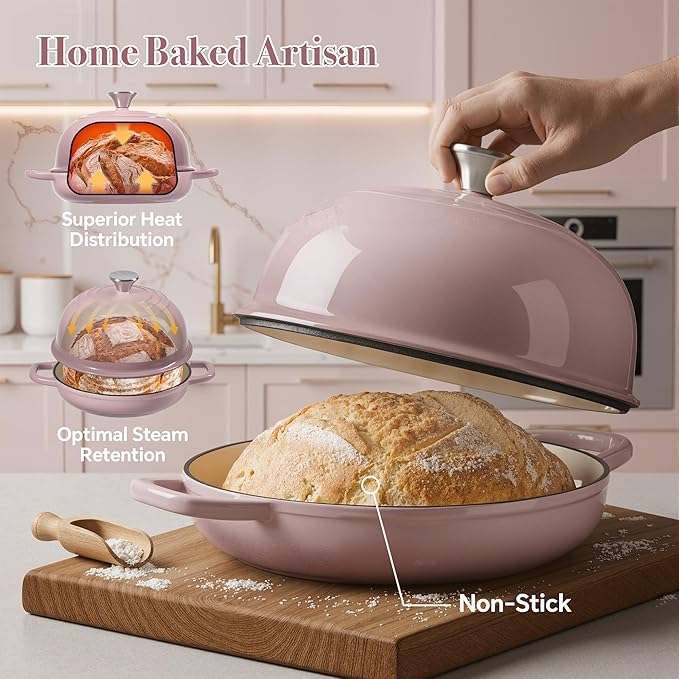 4.5 QT Dutch Oven for Bread Baking, Cast Iron Bread Oven for Sourdough, Enamelled Bread Dutch Oven with Lid, Heavy-Duty Non Stick Bread Pot, Pink