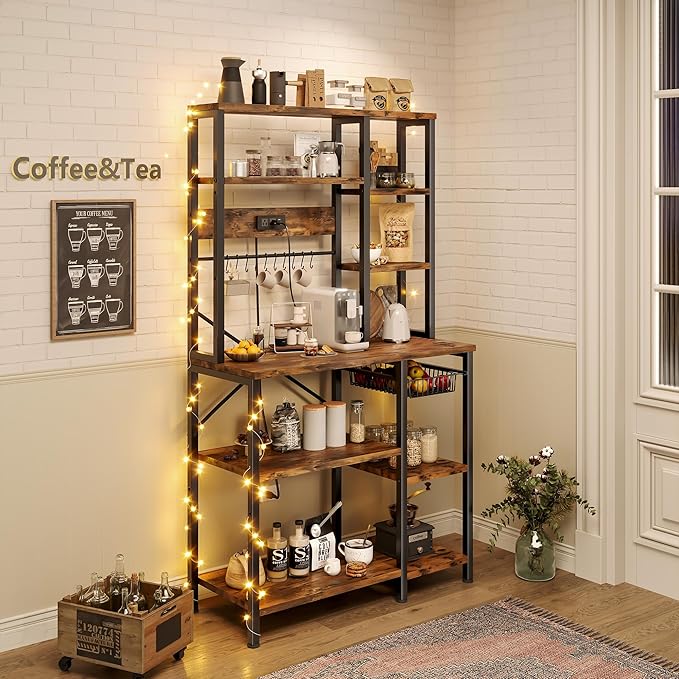 Kitchen Bakers Rack with Storage, 6-Tier Coffee Bar Station with Power Outlet, Microwave Stand with 12 S-Shaped Hooks, Open Kitchen Storage Shelves for Spices, Pots and Pans, Rustic Brown
