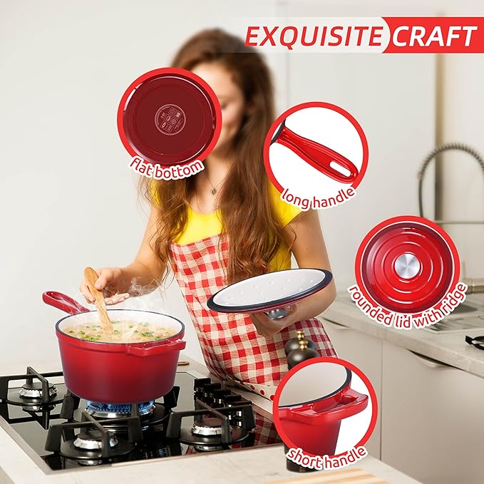 HaSteeL 3 QT Cast Iron Saucepan, Enamel dutch oven with lid, Small Non Stick Pan for Milk, Pasta Tomato Sauce, Butter, Breakfast, Soup, Suitable for Boiling Stewing Frying, Easy to Clean, Red