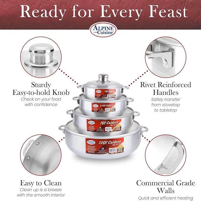 Alpine Cuisine 8-Piece Nonstick Aluminum Caldero Cookware Set with Lids | Includes 2 Qt, 3.5 Qt, 7 Qt, 13 Qt Pots | Ideal for Stews, Soups, & Rice