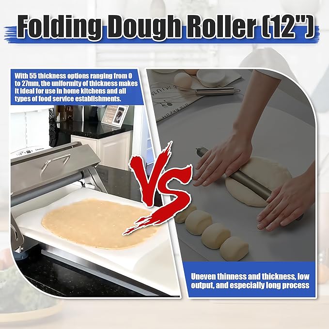 12in Manual Dough Sheeter, Stainless Steel Tabletop Dough Roller Machine, Adjustable Thickness Pastry Sheeter for Pizza, Croissant, Puff Pastry, Fondant and Home Baking