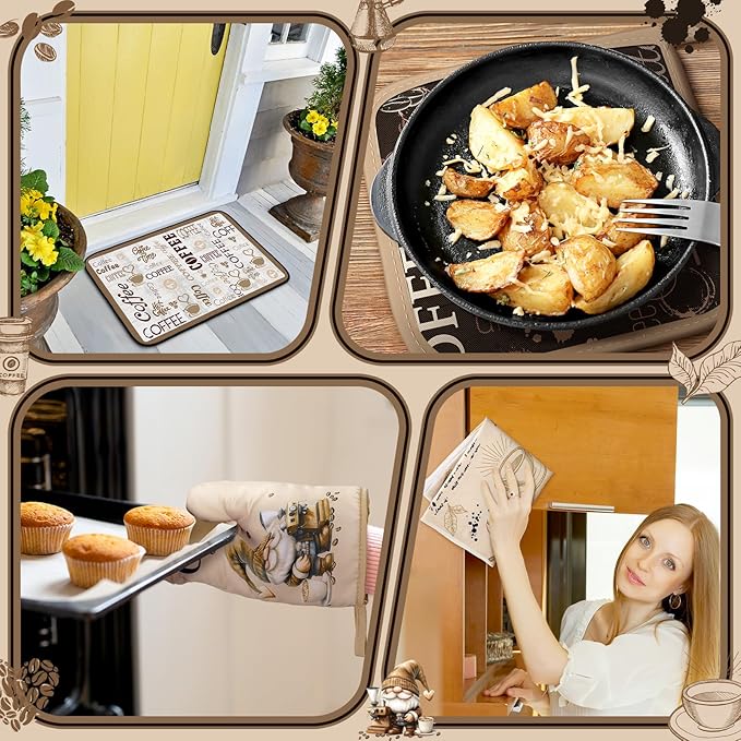 10 Pcs Coffee Kitchen Decor and Accessories Oven Mitts and Pot Holders Set Coffee Dish Towels Rugs Farmhouse Kitchen Decor Vintage Potholder Brown Gloves for Baking Cooking BBQ Women Mom Gift