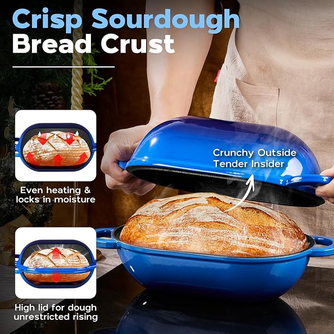 Onader Enameled Cast Iron Oval Dutch Oven Pot with Lid, 2.8QT Dutch Oven for Sourdough Bread Baking, Cast Iron Bread Pan, 9x5-1/2 Inch Loaf Meatloaf Pan, Heavy Duty - Blue