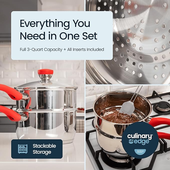 Culinary Edge Stainless Steel Nonstick 4-Piece Double Boiler Set Saucepan and Steamer