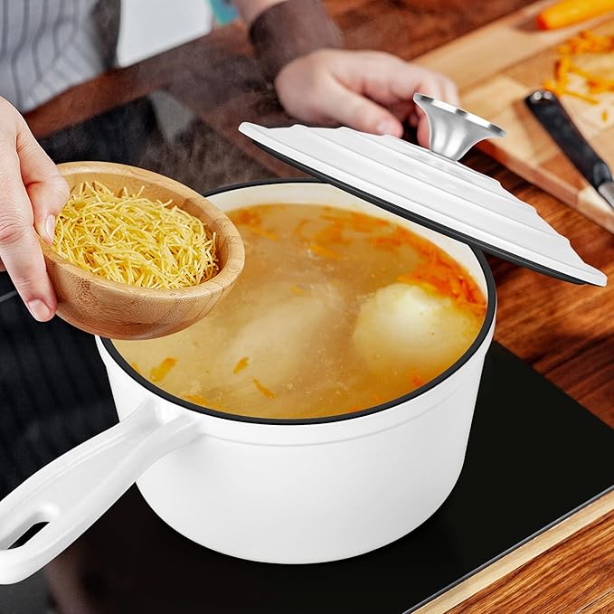 3 Quart Saucepan with Lid, Leonyo Enameled Cast Iron Sauce Pan, Heavy Duty Cast Iron Pot Dutch Oven Kitchen Cookware for All Cooktops Making Pasta, Milk, Egg- Up to 500°F & 8Lbs, White