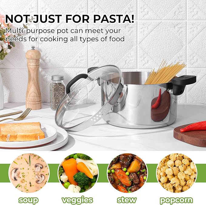 E-far Pasta Pot with Strainer Lid, 6 Quart Tri-Ply Stainless Steel Stock Pot & Push and Lock Handles, Non-toxic Multipurpose Cooking Pot for All Cooktops, Heavy Duty & Dishwasher Safe