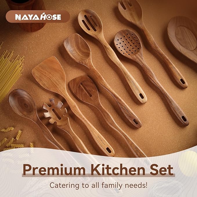 10Pcs Wooden Spoons for Cooking with Spoon Rest & Holder, 12inch Wooden Kitchen Utensil Set, Non stick, Non Scratch, Natural Teak Wooden Utensils for Cooking