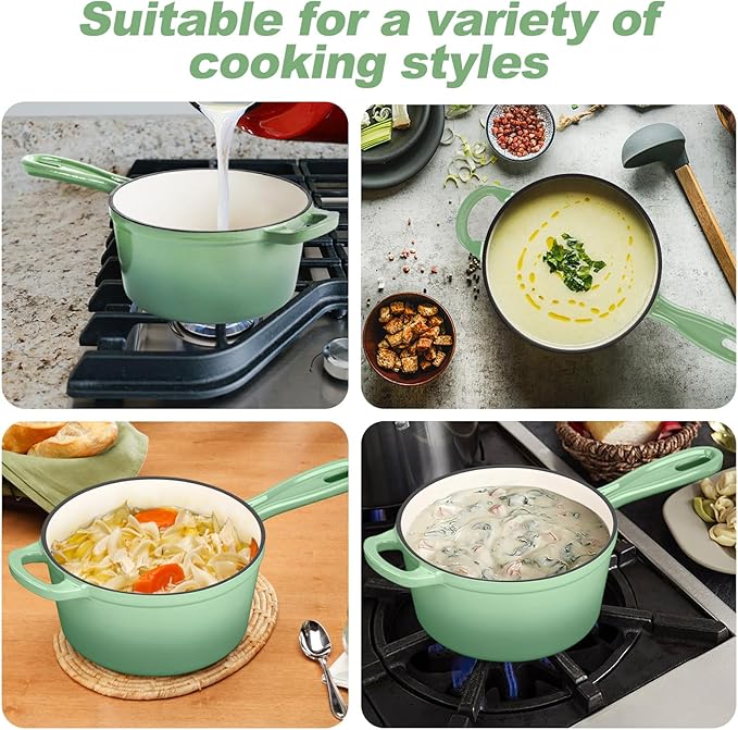 HaSteeL 1 QT Cast Iron Enamel Saucepan - Green
