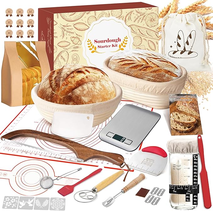 Sourdough Starter Kit with Scale, Banneton Bread Proofing Basket, Sour Dough Starter Jar, Complete Sourdough Bread Baking Supplies Tools, Full Sourdough Bread Making Tool, Gift Set for Bakers Beginner