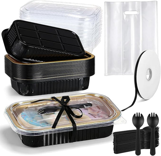 20 Sets 8.7 x 6 Inch Large Loaf Cake Pans with Lids and Spoons Rectangle Aluminum Foil Bread Loaf Baking Pans Disposable big Cake Tins with Clear Plastic Bags and Ribbon, Black Gold, 33.8 oz
