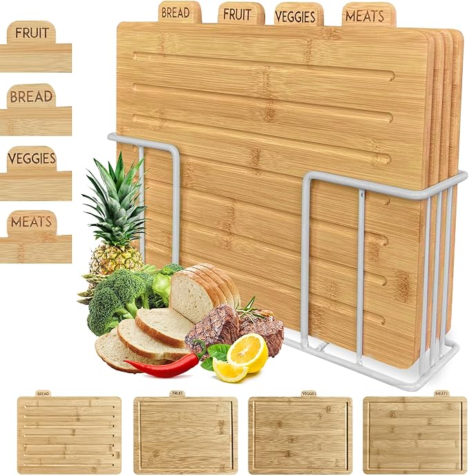 Wood Cutting Board Set with Holder 13"x11"x 3" | Wooden Cutting Boards for Kitchen | Labeled Chopping Board Sets | Large Bamboo Cutting Board Sets with Stand | Chopping Boards for Kitchen