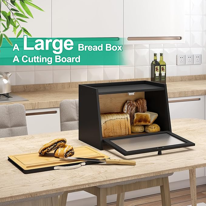 Bread Box with Cutting Board, Bamboo Bread Box for Kitchen Counter, Bread Storage Container with Wavy Arcylic Transparent Door (Black)