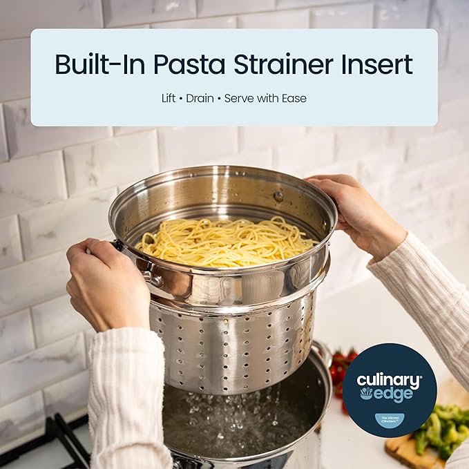 Culinary Edge 4-Piece Multi Cooker Stainless Steel Steamer Pot | Stockpot, Pasta Insert, Steamer Basket & Glass Lid | Pasta Pot Cooking Set for Meat, Vegetables, Seafood, Tamales, Soup & More | 4 Qt