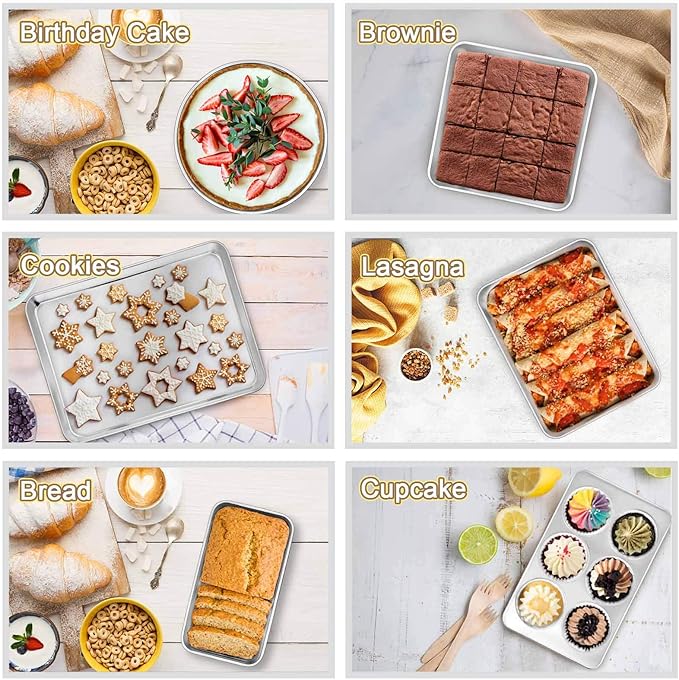 TeamFar Stainless Steel Bakeware Set of 11, Toaster Oven Baking Pan Set, Lasagna Pan, Square & Round Cake Pan, Loaf Pan & Muffin Pan, Healthy & Heavy Duty, Dishwasher Safe & Smooth