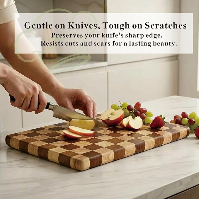 Checkered Cutting Board for Kitchen, 16"L x 11"W x 1"Th – Wooden Chopping, Cheese & Charcuterie Board in Acacia Wood, Butcher Block Serving Tray for Meat, Fruit, Bread & Vegetables