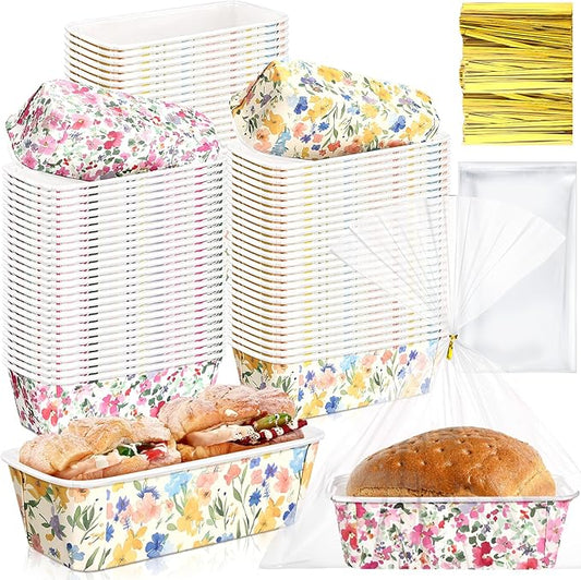 Honeydak 100 Sets Mother's Day Paper Baking Pans Bulk Paper Loaf Pans for Baking 6.3 x 2.2 x 2.2 in Spring Floral Disposable Serving Tray Flower Pattern Mother's Day Party Supplies (Floral)