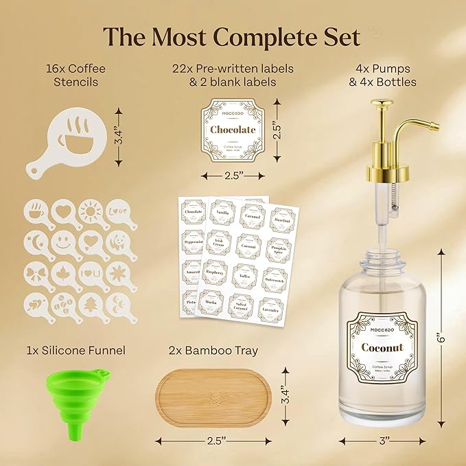 Glass Coffee Syrup Dispenser for Coffee Bar - Set of 4 Gold 500 ml / 16.9 oz Glass Syrup Bottles, Includes 2 Bamboo Trays, 16 Stencils, Labels, Coffee Bar Accessories