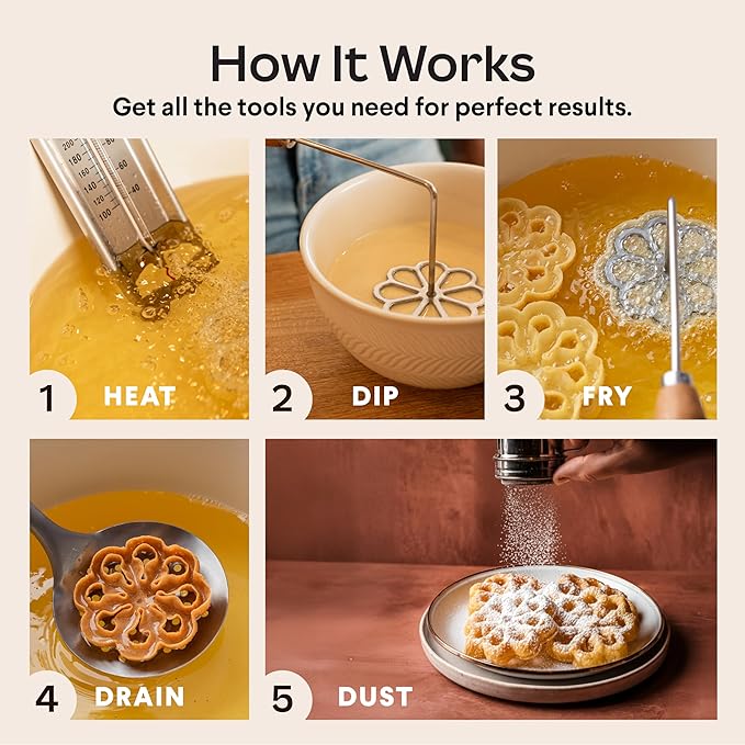 Swedish Rosette Iron Set with Handle Cooking Gifts – Rosette Maker & Bunuelos Mold Valentine's Day Baking Essentials | Funnel Cake Maker & Waffle Iron Kit – Rosettes Unique Baking Gift Set for Women