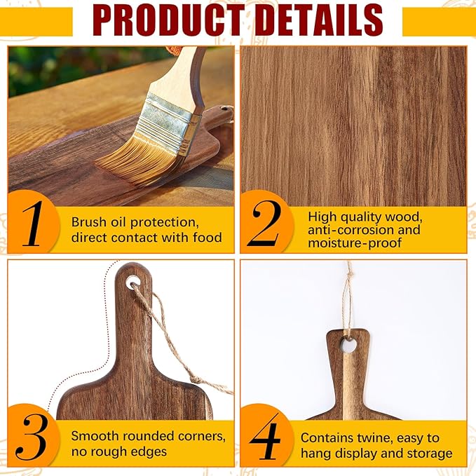 Hsei 2 Pcs Acacia Wood Cutting Board with Handle Wooden Charcuterie Board Large Paddle Carving Chopping Set Butter Serving Tray for Cheese Meat Fruit Bread (Classic Handle,16x12,19x4.7 Inch)
