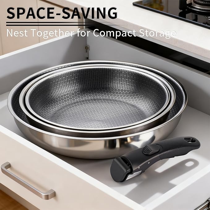 3-Piece Stainless Steel Pan Set with Detachable Handle, Oven Safe Cooking Pan, Multiple Sizes Skillets (10,11,12.5 inch), Induction & Cooktop Compatible Frying Pan