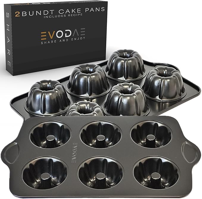 EVODAE® Mini Bundt Cake Pans for Baking – Set of 2 – 6 Cups Each (12 Cups Total) – Nonstick Black Carbon Steel – Heavy-Duty & Built to Last – Carefully Packaged in a Clean Black Box – PFOA & PTFE Free