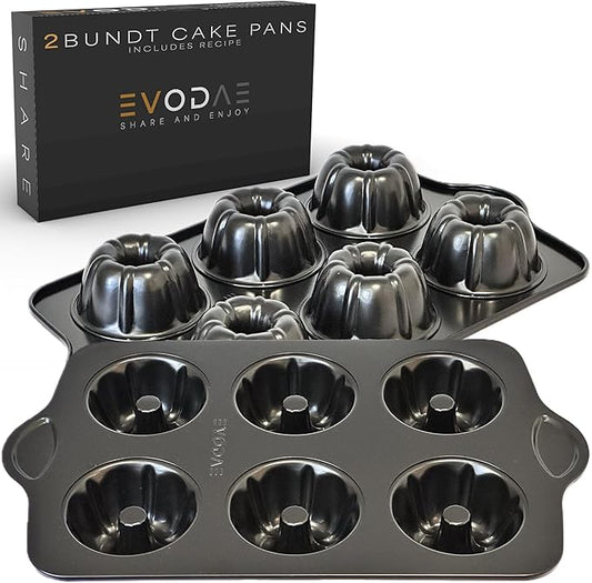 EVODAE® Mini Bundt Cake Pans for Baking – Set of 2 – 6 Cups Each (12 Cups Total) – Nonstick Black Carbon Steel – Heavy-Duty & Built to Last – Carefully Packaged in a Clean Black Box – PFOA & PTFE Free