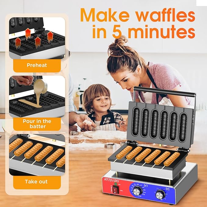 Waffle Stick Maker -Commercial Corn Dog Maker w/Non-stick Baking Pans, 550 ℉ Temperature and Timer, 1550W Corndog Maker Machine for Double Baking, 110V Waffle Stick Maker Machine for Hotel