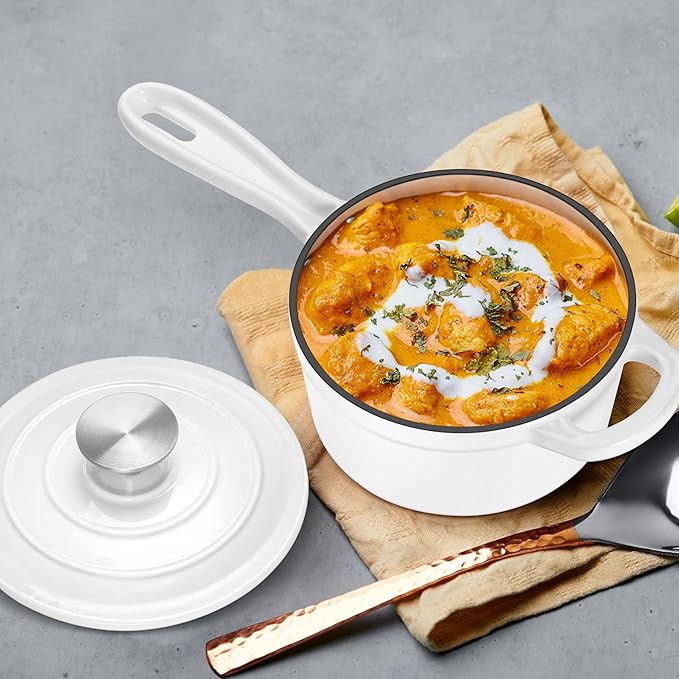 Enameled Cast Iron Sauce Pan with Lid, Leonyo 2 Quart Saucepan with Lid, Heavy Duty Cast Iron Pot Dutch Oven Kitchen Cookware for All Cooktops Making Pasta, Milk, Egg- Up to 500°F & 6.7Lbs, White