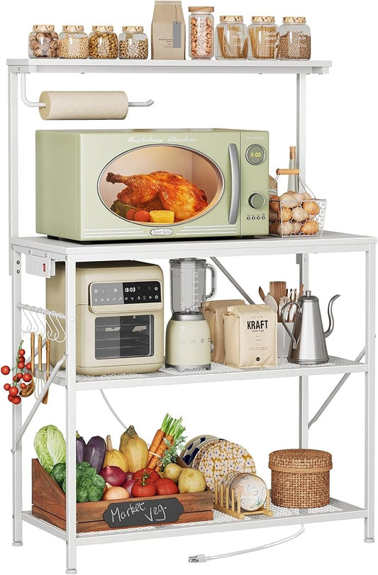 Huuger 4-Tier Bakers Rack with Reversible Power Outlet, 31.5 Inch Microwave Stand, Kitchen Coffee Bar, with Top Shelf, 6 S Hooks, White