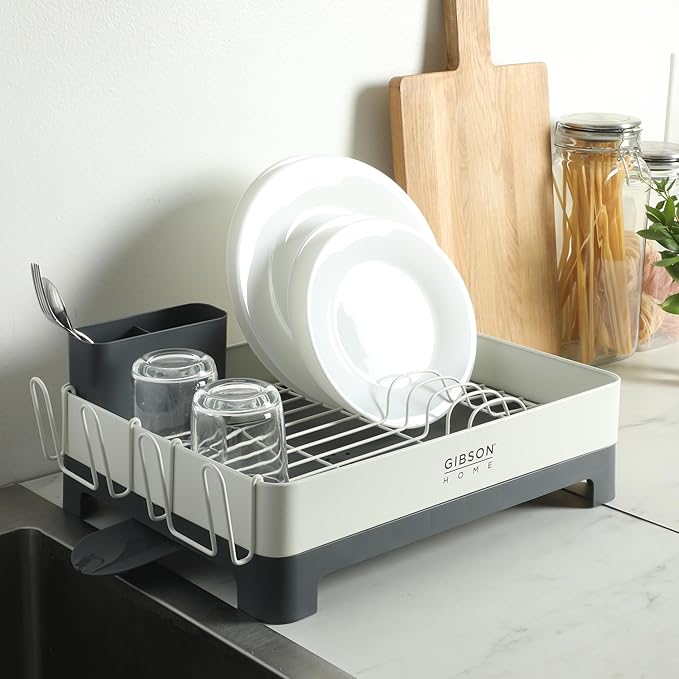 Gibson Home Nestcraft Full Size Rust Resistant Dish Rack with Drain Board and Flatware Caddy - White