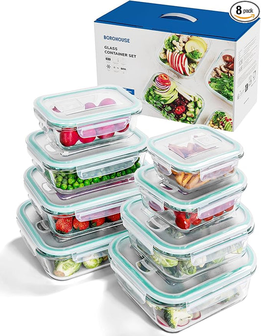 8-Piece Borosilicate Glass Food Storage Containers Set with Airtight Lids – Oven, Microwave & Freezer Safe, Leak-Proof, BPA-Free – Baking, Meal Prep & Gift Box