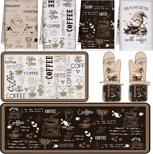 10 Pcs Coffee Kitchen Decor and Accessories Oven Mitts and Pot Holders Set Coffee Dish Towels Rugs Farmhouse Kitchen Decor Vintage Potholder Brown Gloves for Baking Cooking BBQ Women Mom Gift