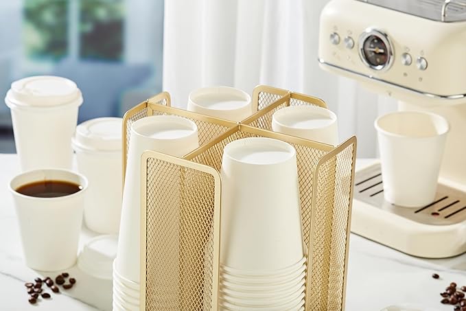 Annova Paper/Plastic Cup and Lid Holder Plastic Storage Organizer, 360°Rotating Coffee Mup Dispenser with 4 Compartments, Multifunctional Storage Rack for Home, Office, Bar, Coffee Shop (Gold)