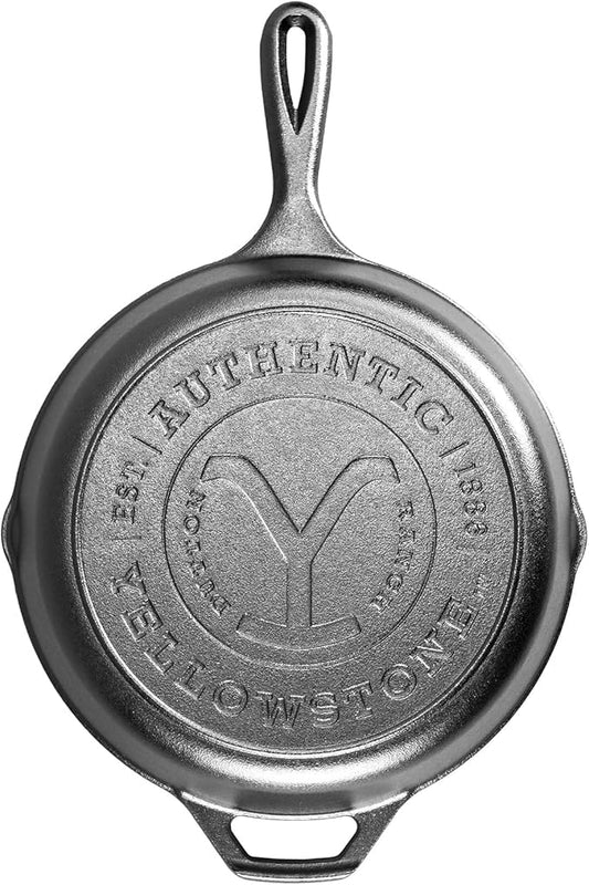 Lodge Pre-Seasoned Yellowstone Stamped Cast Iron Cookware - Signature Teardrop Handle - Use in the Oven, on the Stove, on the Grill, or Over a Campfire - 10.25 Inch Logo Skillet