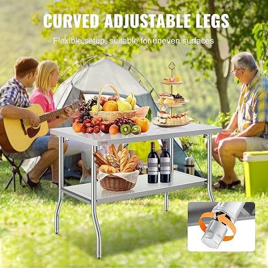 VEVOR Stainless Steel Foldable Work Table, 30 * 48 Inch Heavy Duty Food Outdoor Double Layer Stainless Steel Worktable for Commercial Kitchen Restaurant