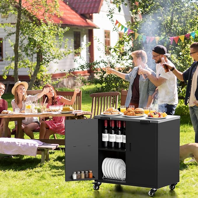 Outdoor Grill Table, Movable Grill Cart with Door, Outdoor Grill Stand with Large Capacity ＆ Hooks, 2 Tier Pizza Oven Table for Outdoor Use