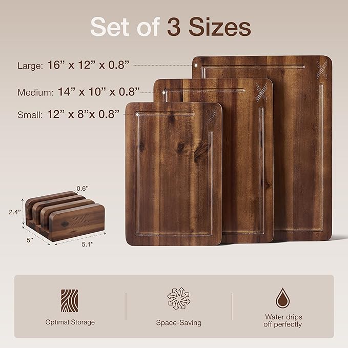 Acacia Wood Cutting Board Set of 3 (16 x 12/14 x 10/12 x 8), Walnut - 0.8 in Extra Thick Wooden Chopping Boards with Deep Juice Grooves - Non-Slip, Non-Toxic & Durable Boards for Meat & Vegetables