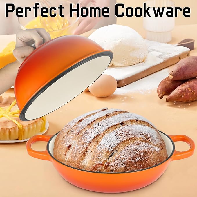 Enameled Cast Iron Bread Oven, Dutch Oven Pot with Lid, 10" Bread Dutch Oven for Sourdough Bread Baking, 6 Quarts Bread Pan with Dome Lid, Non-stick Cookware for Homemade Bread, Orange