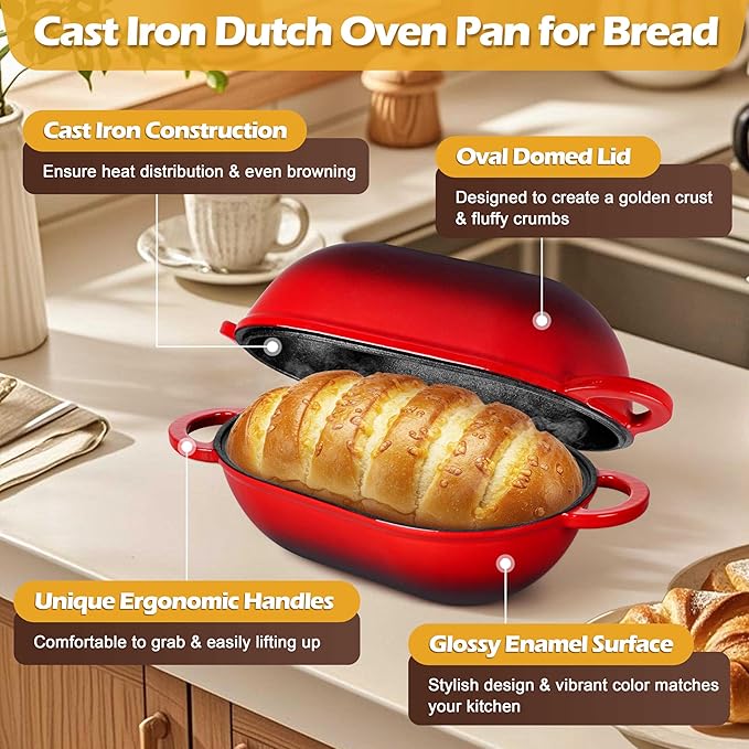 Homikit Enameled Cast Iron Dutch Oven for Bread Baking, 2.8 QT Oval Bread Oven Pot with Lid, 9.5 x 5.7 Inch Sourdough Loaf Baking Pan for Homemade Bread, Heavy Duty & Oven Safe, Red