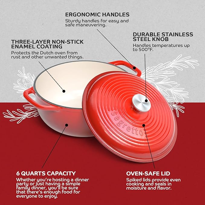 Segretto Enameled Cast Iron Dutch Oven Pot with Lid, Red, 6 Quart Sourdough Dutch Oven for Bread Baking, Braising, Roasting Safe to 500°F Durable Enamel with High Heat Retention and Moisture Lock Seal