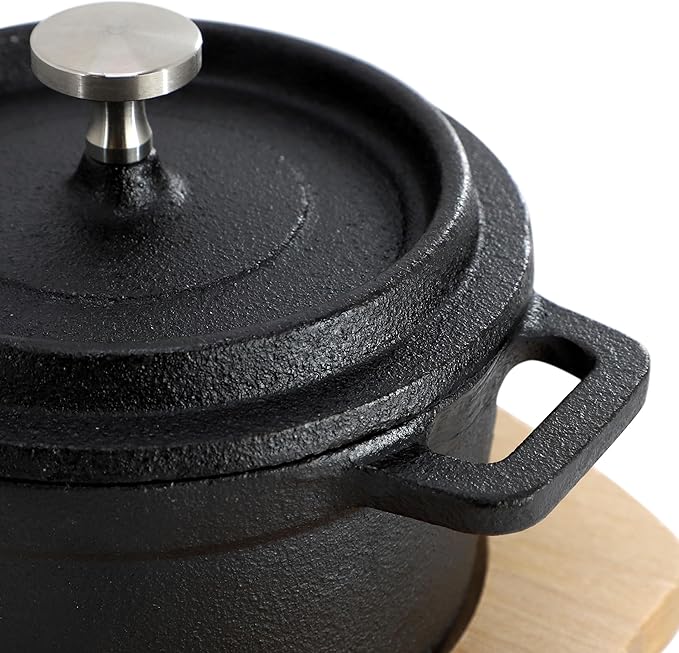 MegaChef Cast Iron 8 Ounce Mini Dutch Oven with Wood Tray, Cookware, Bakeware, Serveware (4 Piece)