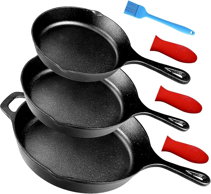 Suteck Cast Iron Skillets 3 piece set | 6", 8" & 10" Pre-Seasoned Cast Iron Pans with 3 Silicone Heat-Resistant Holders - Indoor and Outdoor Use - Oven Grill Stovetop Induction Safe Cookware