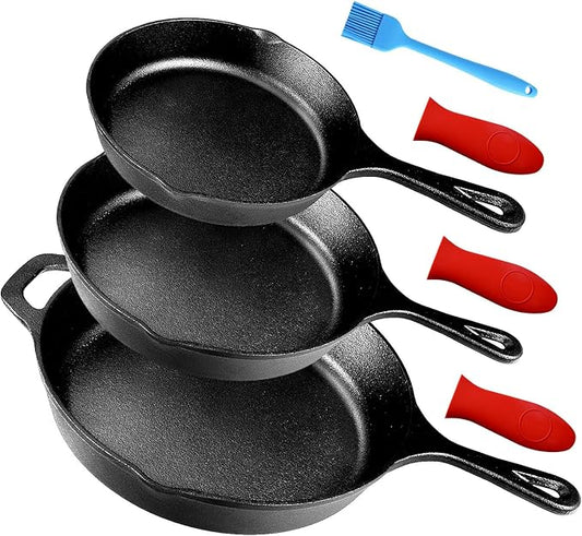 Suteck Cast Iron Skillets 3 piece set | 6", 8" & 10" Pre-Seasoned Cast Iron Pans with 3 Silicone Heat-Resistant Holders - Indoor and Outdoor Use - Oven Grill Stovetop Induction Safe Cookware