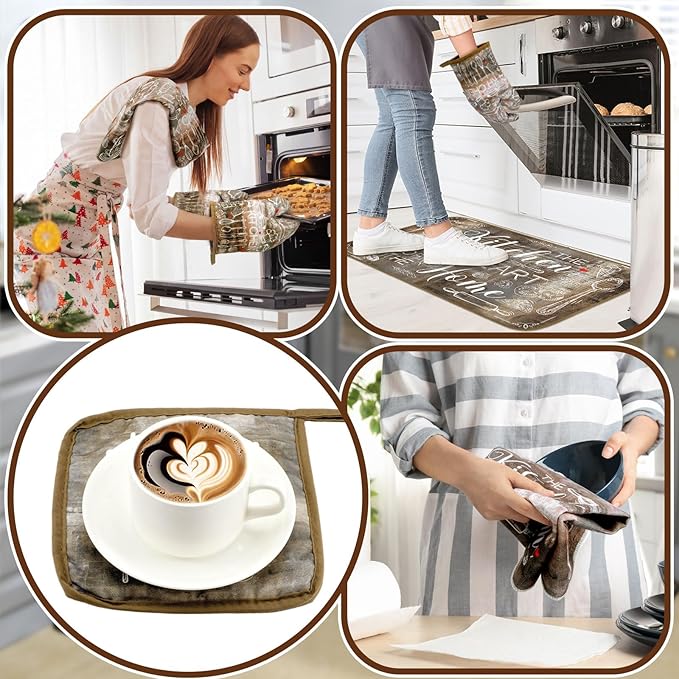 10 Pcs Farmhouse Kitchen Decor Brown Oven Mitts and Pot Holders Sets Vintage Kitchen Dish Towels Rustic Pattern Oven Gloves for Home Decorations Baking Cooking Birthday Summer Gifts