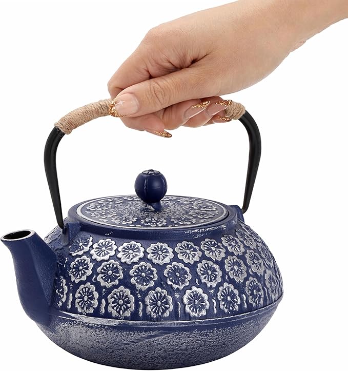 Juvale Japanese Cast Iron Teapot with Infuser & Stovetop Tea Kettle - 34 oz, Blue - Heat Retention, Removable Lid & Fold-Down Handle