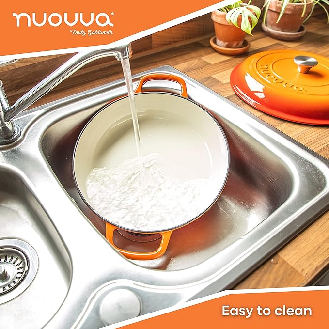 Cast Iron Dutch Oven with Lid – Non Stick Shallow Dutch Oven Pot, Oven Safe up to 500° F – Sturdy Cooking Pot – Enamelled Stockpot Cookware – Orange, 3.7-Quart, 30cm – by Nuovva